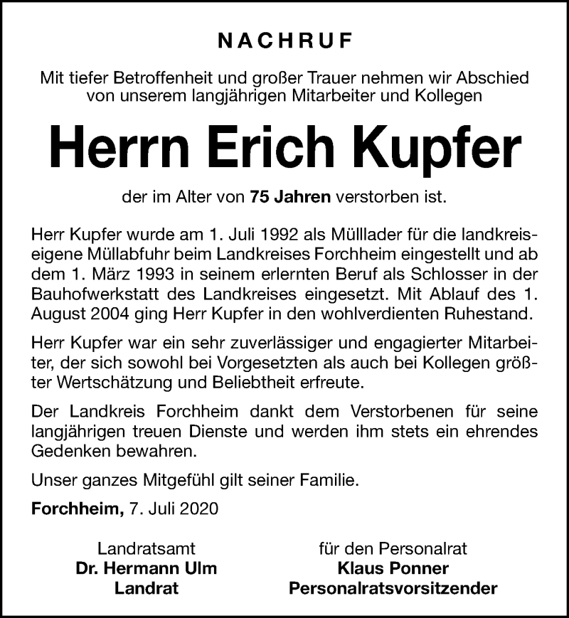  Traueranzeige für Erich Kupfer vom 08.07.2020 aus Nordbayerische Nachrichten Forchheim Lokal