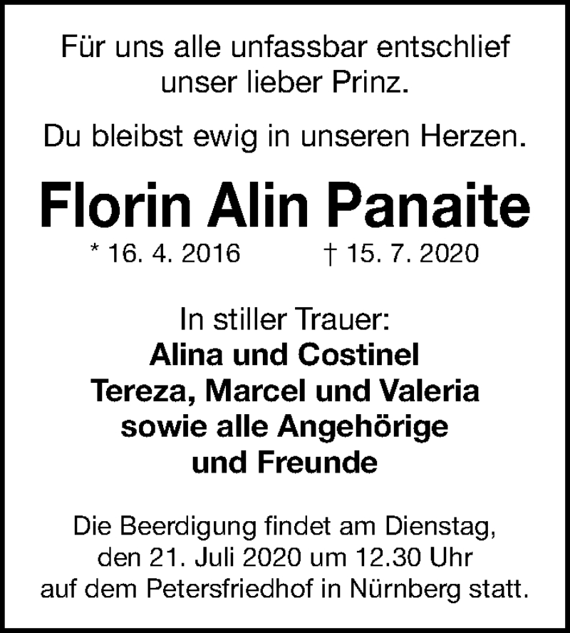  Traueranzeige für Florin Alin Panaite vom 18.07.2020 aus Gesamtausgabe Nürnberger Nachrichten/ Nürnberger Ztg.