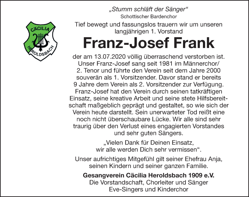  Traueranzeige für Franz-Josef Frank vom 18.07.2020 aus Nordbayerische Nachrichten Forchheim Lokal