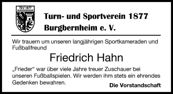 Traueranzeige von Friedrich Hahn von Windsheimer Zeitung Lokal