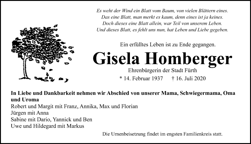  Traueranzeige für Gisela Homberger vom 22.07.2020 aus Fürther Nachrichten Lokal