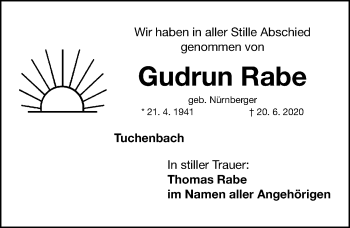 Traueranzeige von Gudrun Rabe von Fürther Nachrichten Lokal