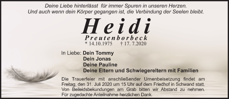  Traueranzeige für Heidi Preutenborbeck vom 29.07.2020 aus Gesamtausgabe Nürnberger Nachrichten/ Nürnberger Ztg.