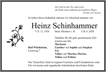 Traueranzeige von Heinz Schinhammer von Windsheimer Zeitung Lokal