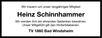 Traueranzeige von Heinz Schinnhammer von Windsheimer Zeitung Lokal