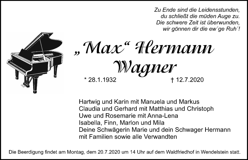  Traueranzeige für Hermann Wagner vom 17.07.2020 aus Schwabach