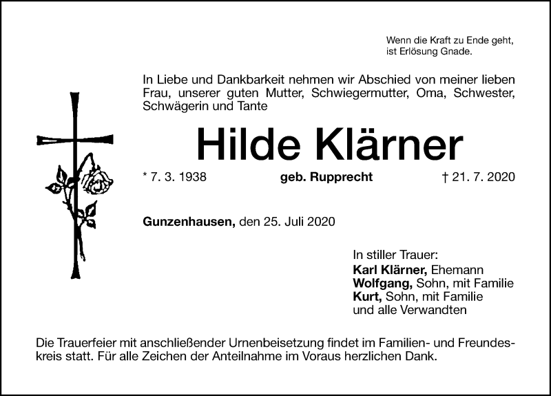 Traueranzeige für Hilde Klärner vom 25.07.2020 aus Altmühl-Bote Lokal
