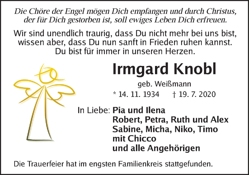  Traueranzeige für Irmgard Knobl vom 25.07.2020 aus Fürther Nachrichten Lokal