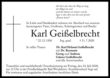 Traueranzeige von Karl Geißelbrecht von Windsheimer Zeitung Lokal