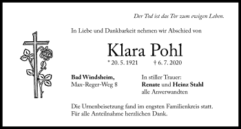 Traueranzeige von Klara Pohl von Windsheimer Zeitung Lokal