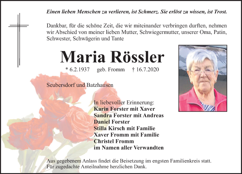  Traueranzeige für Maria Rössler vom 22.07.2020 aus Schwabach