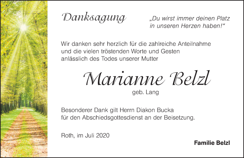  Traueranzeige für Marianne Belzl vom 18.07.2020 aus Schwabach