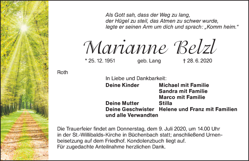  Traueranzeige für Marianne Belzl vom 04.07.2020 aus Schwabach