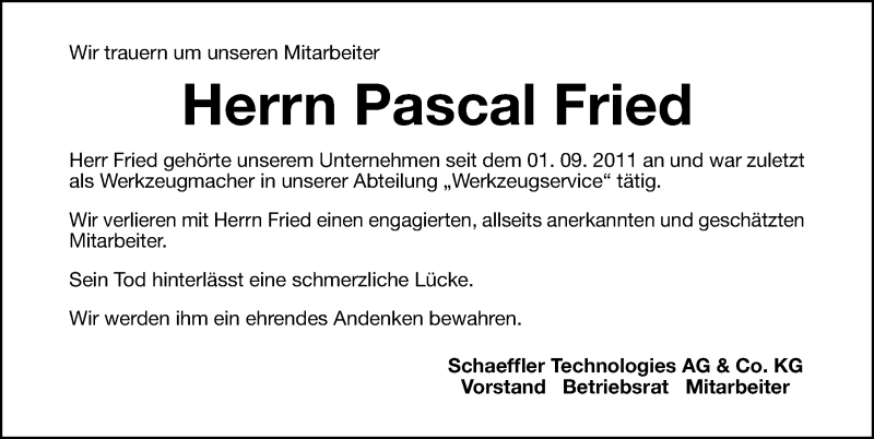  Traueranzeige für Pascal Fried vom 23.07.2020 aus Nordbayerische Nachrichten Herzogenaurach Lokal