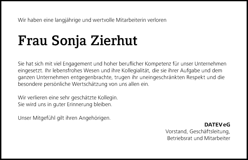  Traueranzeige für Sonja Zierhut vom 07.07.2020 aus Gesamtausgabe Nürnberger Nachrichten/ Nürnberger Ztg.