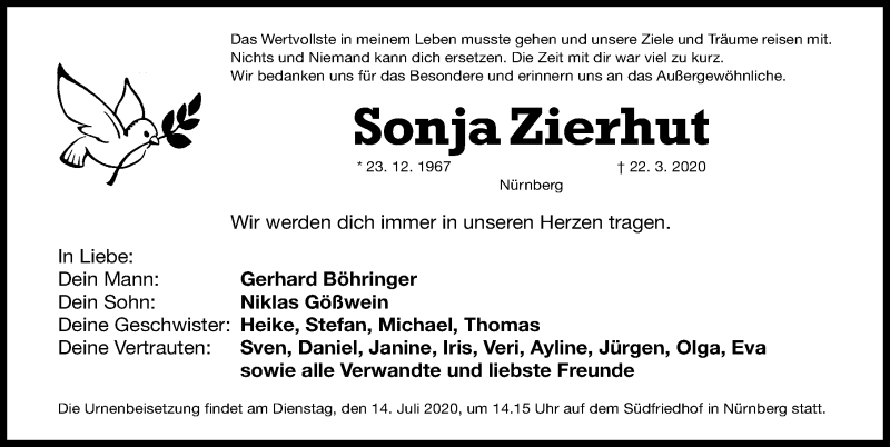  Traueranzeige für Sonja Zierhut vom 04.07.2020 aus Gesamtausgabe Nürnberger Nachrichten/ Nürnberger Ztg.