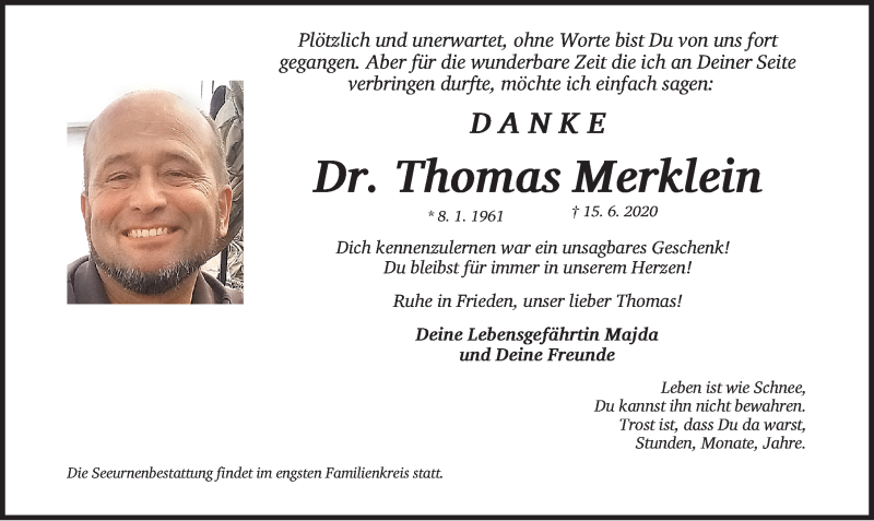  Traueranzeige für Thomas Merklein vom 04.07.2020 aus Erlanger Nachrichten Lokal