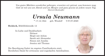 Traueranzeige von Ursula Neumann von Roth-Hilpoltsteiner Volkszeitung Lokal