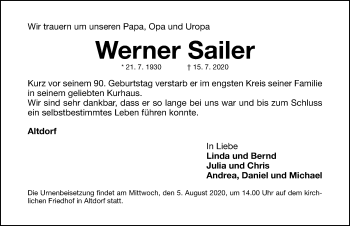 Traueranzeige von Werner Sailer von Gesamtausgabe Nürnberger Nachrichten/ Nürnberger Ztg.