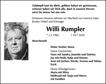 Traueranzeige von Willi Rumpler von Nordbayerische Nachrichten Forchheim Lokal