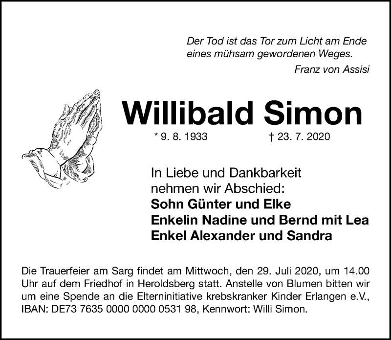  Traueranzeige für Willibald Simon vom 27.07.2020 aus Gesamtausgabe Nürnberger Nachrichten/ Nürnberger Ztg.