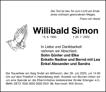 Traueranzeige von Willibald Simon von Gesamtausgabe Nürnberger Nachrichten/ Nürnberger Ztg.