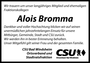 Traueranzeige von Alois Bromma von Windsheimer Zeitung Lokal