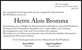 Traueranzeige von Alois Bromma von Windsheimer Zeitung Lokal