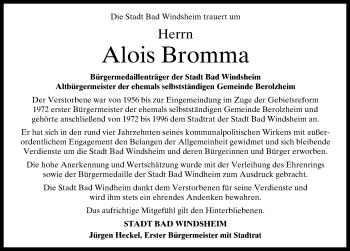 Traueranzeige von Alois Bromma von Windsheimer Zeitung Lokal