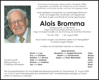 Traueranzeige von Alois Bromma von Windsheimer Zeitung Lokal