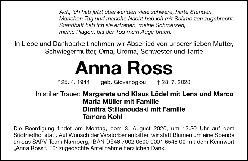  Traueranzeige für Anna Ross vom 01.08.2020 aus Gesamtausgabe Nürnberger Nachrichten/ Nürnberger Ztg.