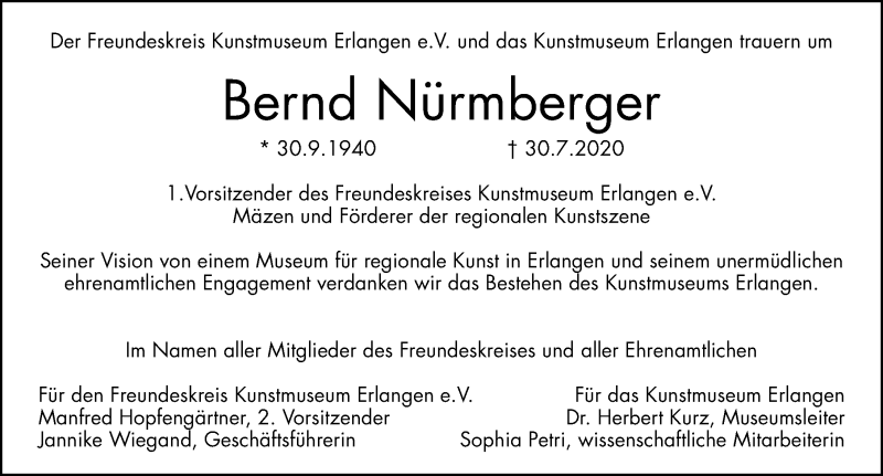  Traueranzeige für Bernd Nürmberger vom 08.08.2020 aus Erlanger Nachrichten Lokal