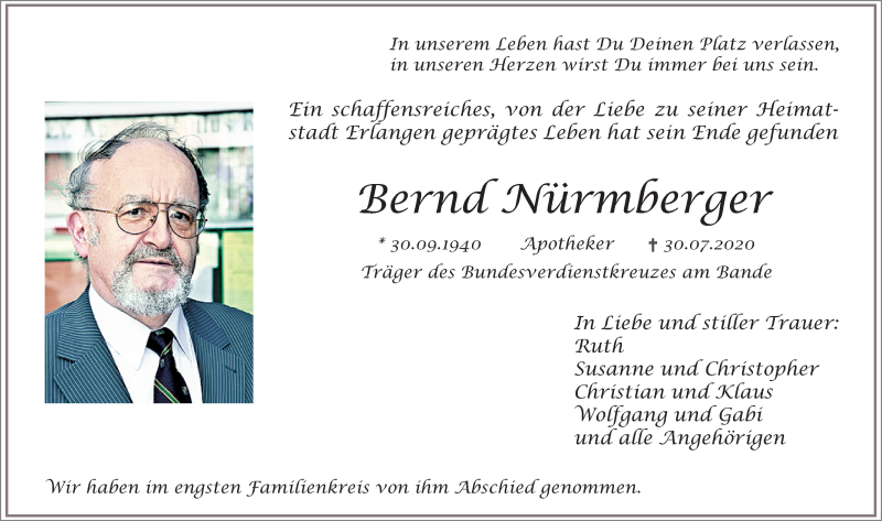  Traueranzeige für Bernd Nürmberger vom 08.08.2020 aus Erlanger Nachrichten Lokal