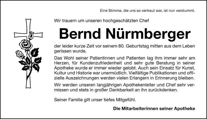  Traueranzeige für Bernd Nürmberger vom 08.08.2020 aus Erlanger Nachrichten Lokal