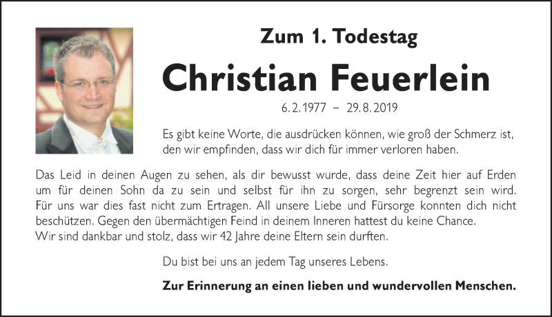  Traueranzeige für Christian Feuerlein vom 29.08.2020 aus Gesamtausgabe Nürnberger Nachrichten/ Nürnberger Ztg.