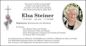 Traueranzeige von Elsa Steiner von Roth-Hilpoltsteiner Volkszeitung Lokal