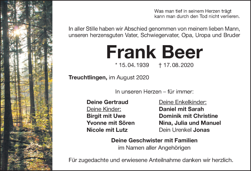  Traueranzeige für Frank Beer vom 22.08.2020 aus Weißenburger Tagblatt u.Treuchtlinger Kurier Lokal