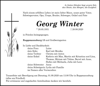 Traueranzeige von Georg Winter von Roth-Hilpoltsteiner Volkszeitung Lokal