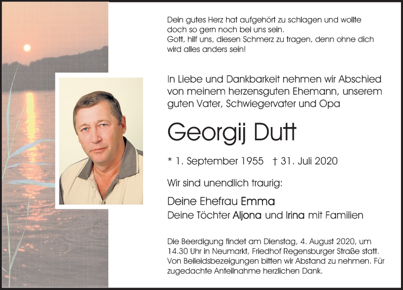  Traueranzeige für Georgij Dutt vom 03.08.2020 aus Neumarkter Nachrichten Lokal