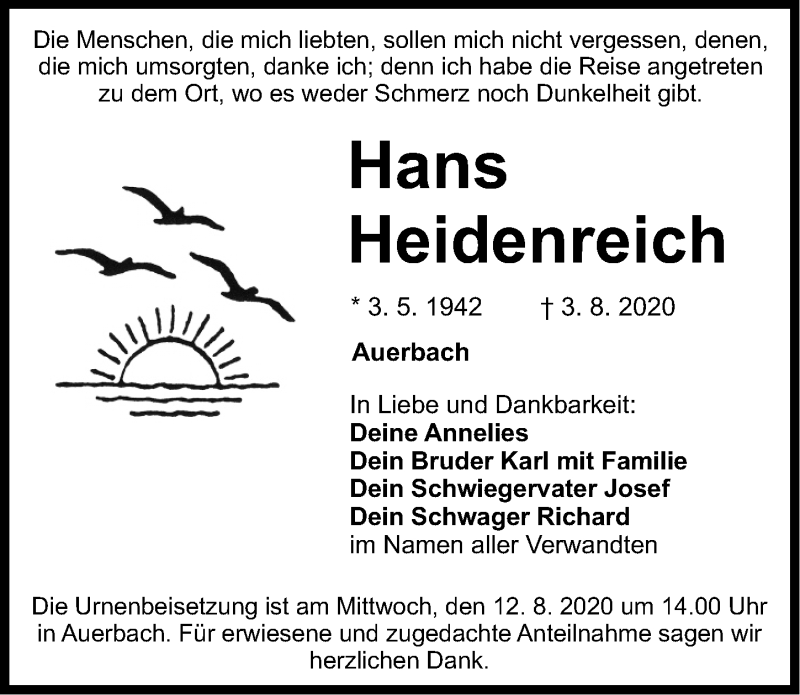  Traueranzeige für Hans Heidenreich vom 08.08.2020 aus Nordbayerische Nachrichten Pegnitz Lokal
