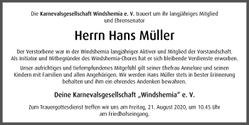 Traueranzeige von Hans Müller von Windsheimer Zeitung Lokal