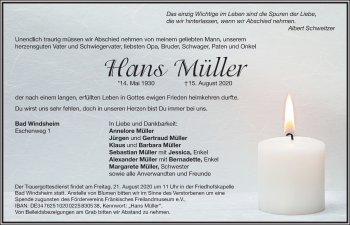 Traueranzeige von Hans Müller von Windsheimer Zeitung Lokal