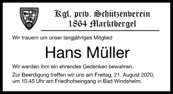 Traueranzeige von Hans Müller von Windsheimer Zeitung Lokal