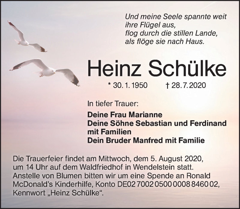  Traueranzeige für Heinz Schülke vom 01.08.2020 aus Schwabach