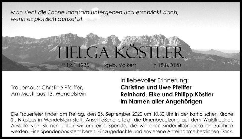  Traueranzeige für Helga Köstler vom 29.08.2020 aus Gesamtausgabe Nürnberger Nachrichten/ Nürnberger Ztg.