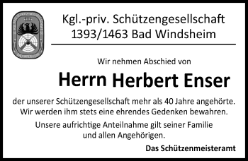 Traueranzeige von Herbert Enser von Windsheimer Zeitung Lokal