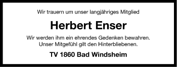 Traueranzeige von Herbert Enser von Windsheimer Zeitung Lokal