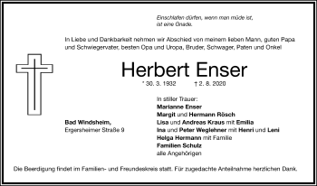 Traueranzeige von Herbert Enser von Windsheimer Zeitung Lokal