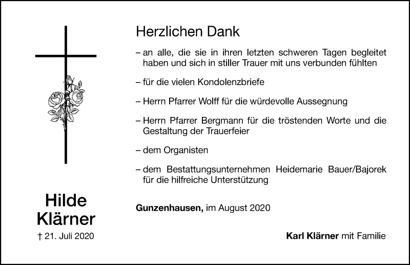  Traueranzeige für Hilde Klärner vom 05.08.2020 aus Altmühl-Bote Lokal