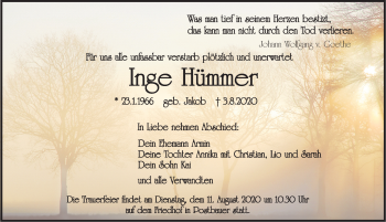 Traueranzeige von Inge Hümmer von Neumarkter Nachrichten/ Gesamtausgabe Nürnberger Nachrichten/ Nürnberger Ztg.